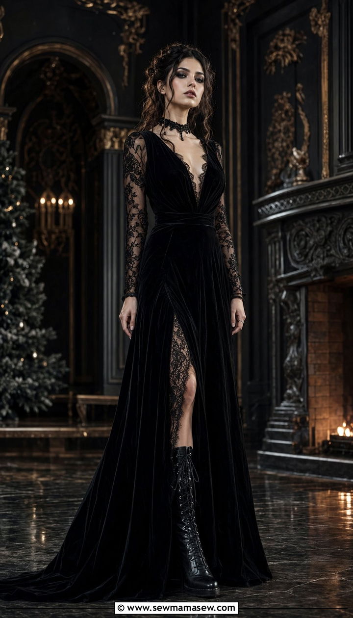 Vamp Romantic Black Velvet Gown With Lace Up Boots - 30 Aesthetic outfit ideas 2026