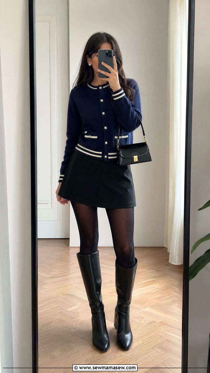 Varsity Cardigan and A Line Mini Skirt Outfit - 35 transitional classy outfit ideas