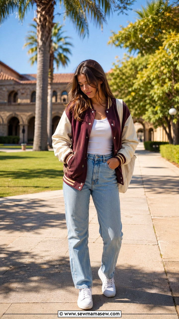 Varsity Jacket With Jeans and Sneakers School Outfit - 30 school outfits aesthetic