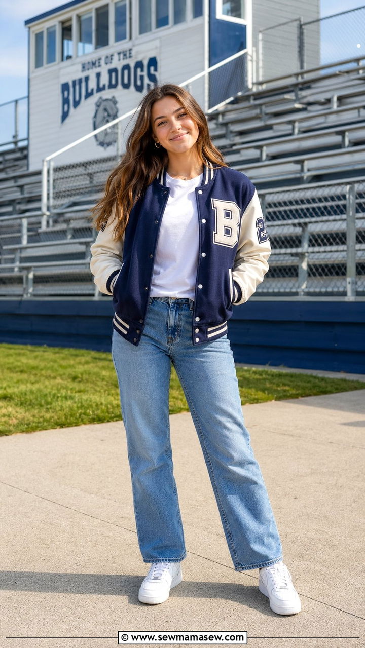 Varsity Jacket and Straight Leg Jeans Back To School Outfit - 30 Back to school outfit ideas high school 2026