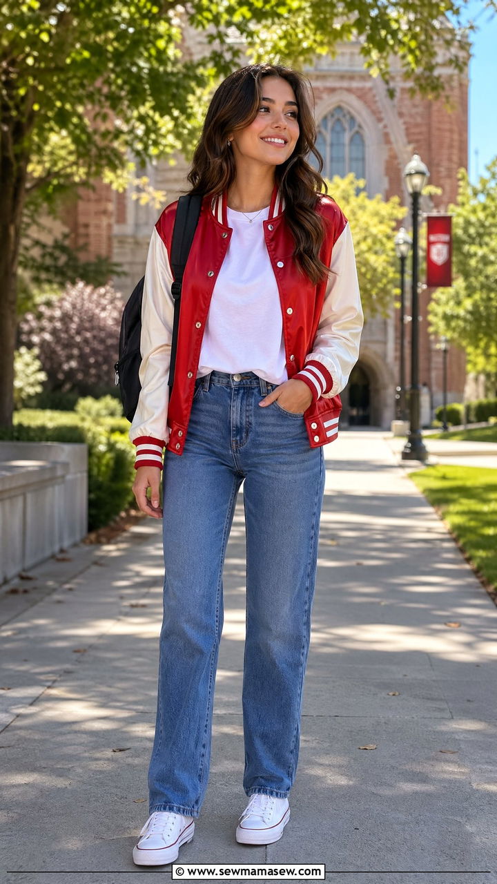 Varsity Jacket and Straight Leg Jeans Outfit - 35 cute back to school outfits