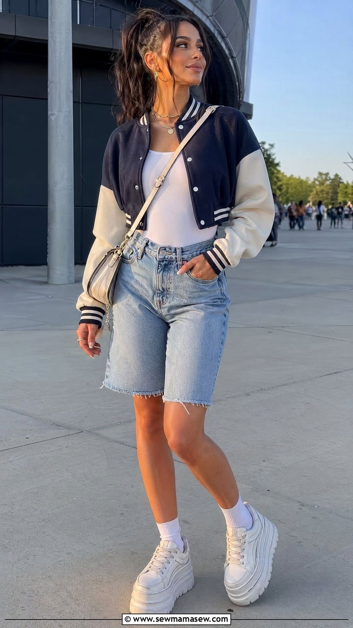 Varsity Jacket with High Rise Jorts - 35 spring concert outfit ideas
