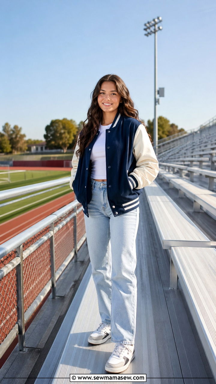 Varsity Jacket with Light Wash Jeans and Retro Sneakers - 30 Senior portrait outfit ideas 2026