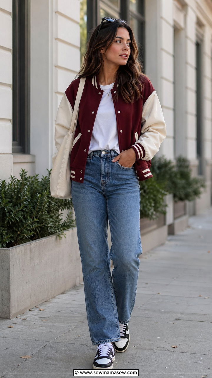 Varsity Jacket with Straight Leg Jeans and Retro Sneakers Outfit - 35 transitional sporty chic outfit ideas