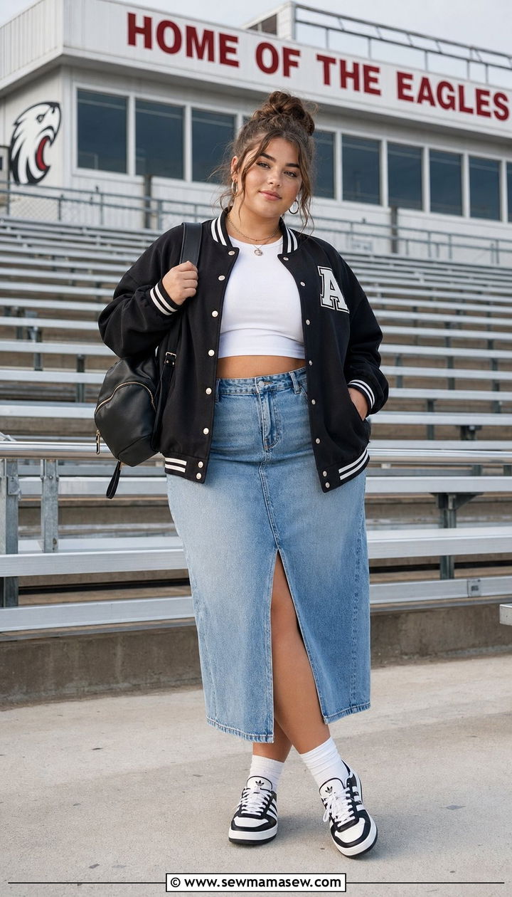 Varsity jacket and denim skirt outfit - 30 Back to school outfit ideas plus size teens