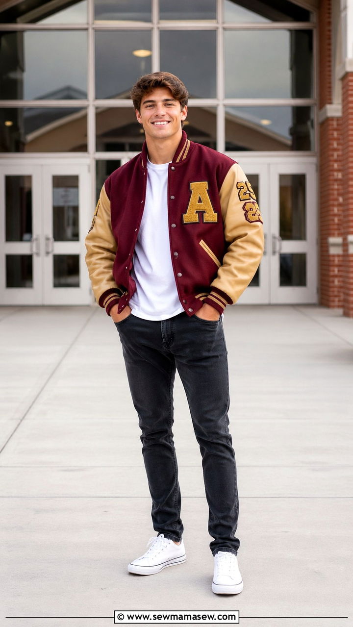 Varsity jacket senior portrait outfit - 30 Senior portrait outfit ideas guys
