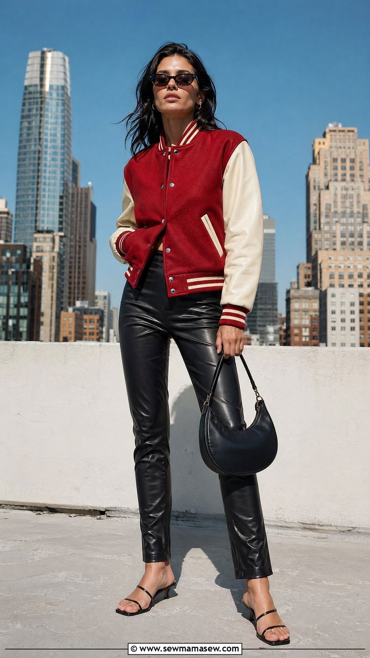 Varsity jacket with leather pants outfit - 35 Sporty chic outfit ideas