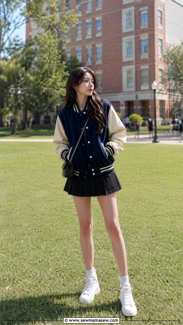 Varsity jacket with pleated mini skirt and high top sneakers - 35 Streetwear spring outfits