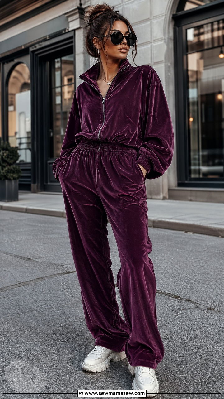 Velour Tracksuit With Sneakers And Oversized Sunglasses - 35 Classy loungewear outfit ideas