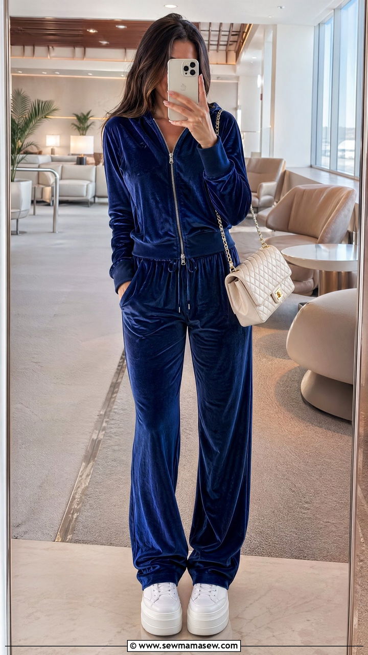 Velour tracksuit airport outfit - 35 chic airport outfits for women