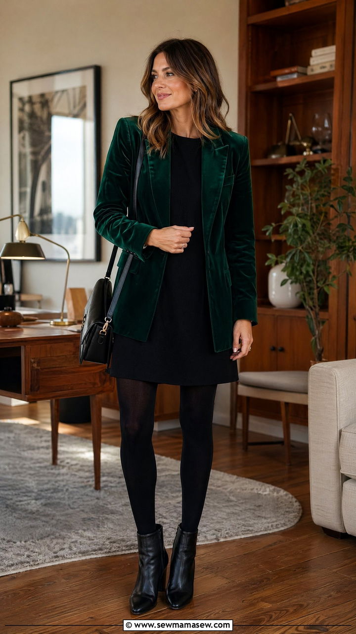 Velvet Blazer Over Simple Shift Dress For Winter - 35 Counselor outfit ideas