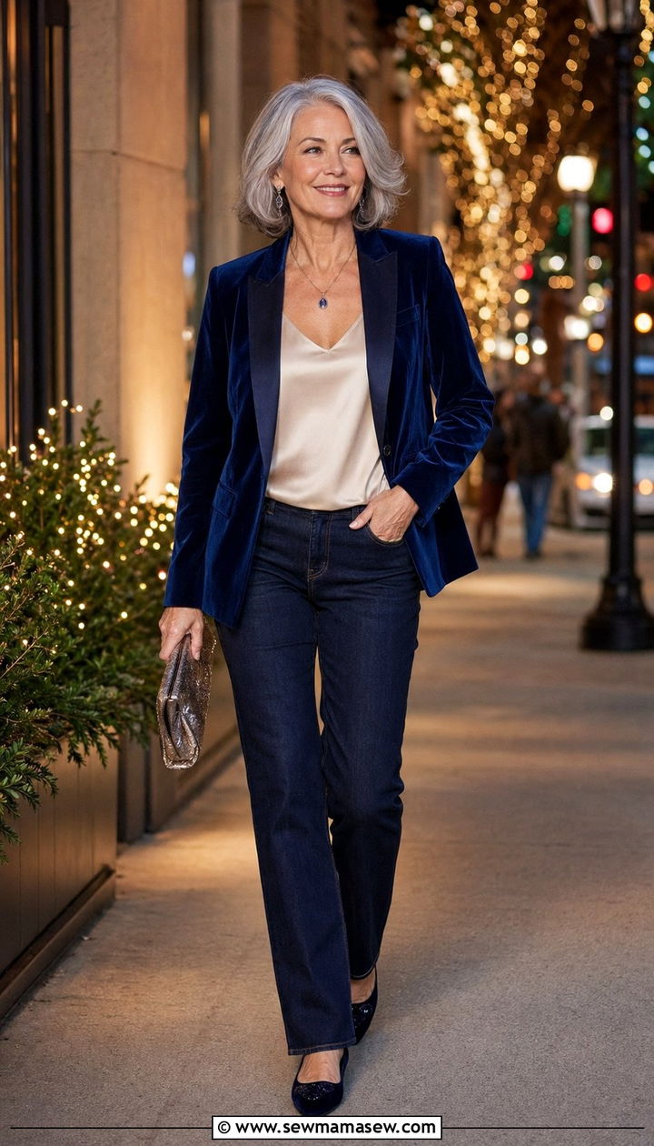 Velvet Blazer Over a Silk Camisole and Dark Jeans - 30 Best jackets for women over 50