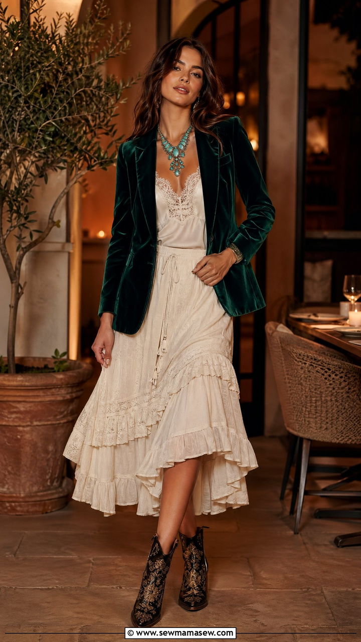 Velvet Blazer With Ruffled Prairie Skirt - 35 Western boho outfit ideas