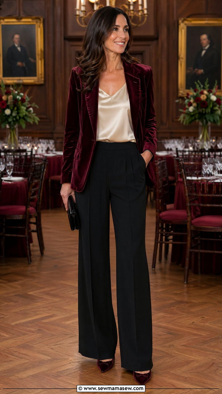 Velvet Blazer With Silk Shell And Wide Leg Trousers - 35 College professor outfit ideas