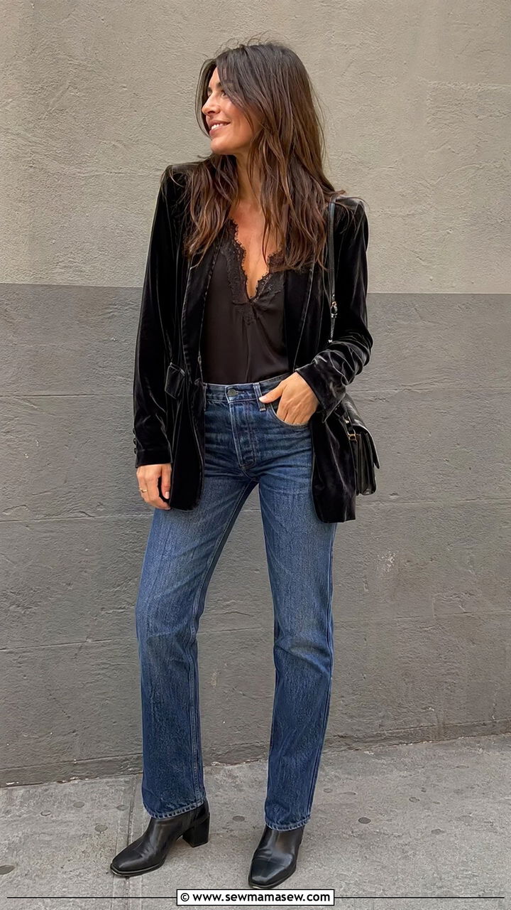 Velvet Blazer With Straight Leg Jeans - 35 classy concert outfits