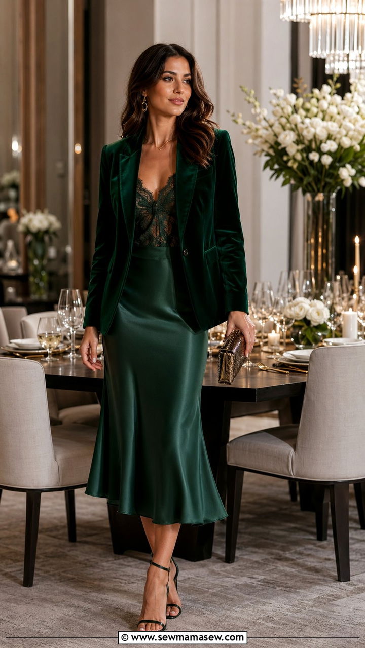 Velvet Blazer and Satin Slip Skirt Set - 30 Blazer and skirt matching set outfit ideas