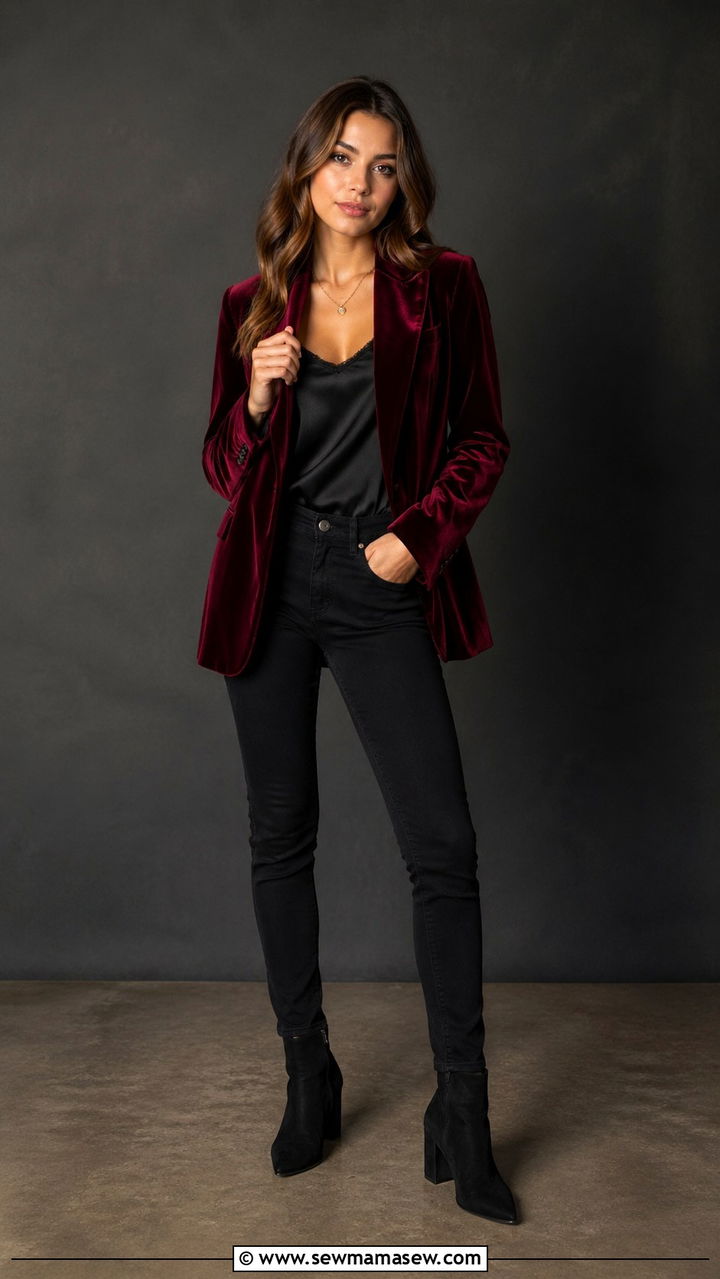 Velvet Blazer with Dark Denim and Heeled Ankle Boots - 30 Senior portrait outfit ideas 2026