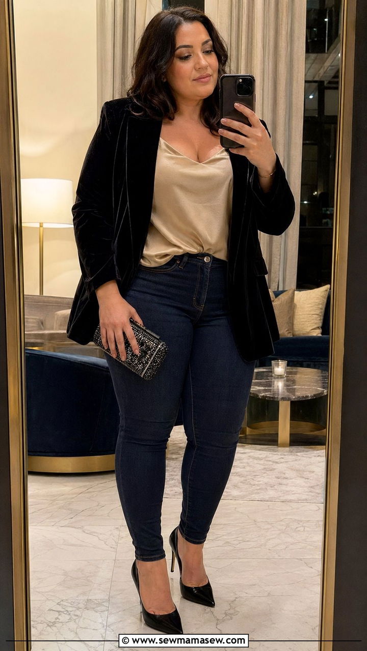 Velvet Blazer with Satin Camisole and Dark Denim - 35 Plus size outfits for women over 40