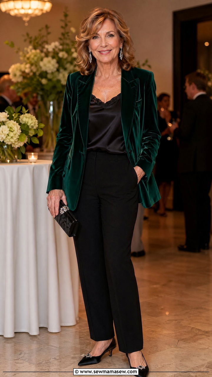 Velvet Blazer with Silk Camisole and Dress Pants - 35 Timeless outfit ideas for older women