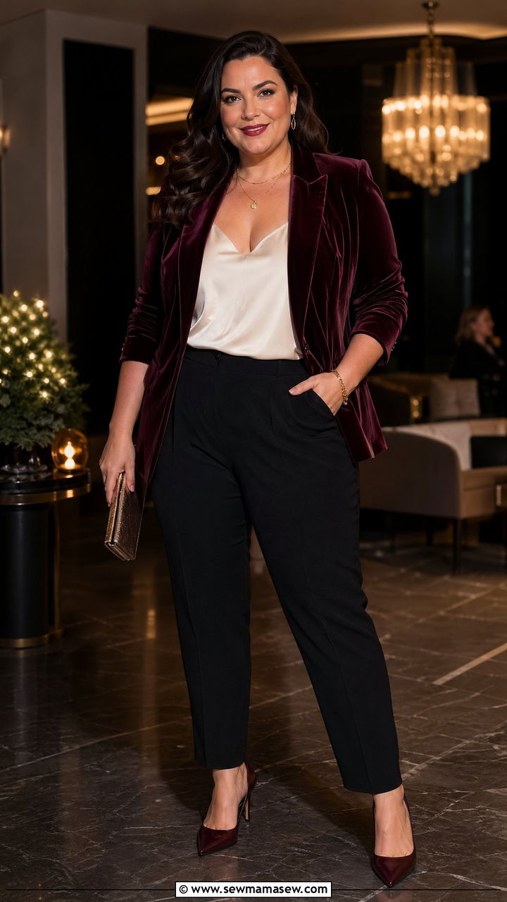 Velvet Blazer with Tapered Trousers - 35 classy outfits for plus size women