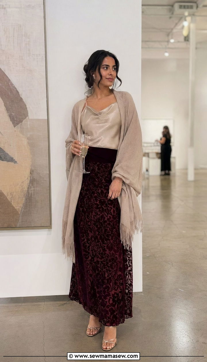 Velvet Burnout Maxi Skirt With Silk Cami And Shawl - 35 Modest outfit ideas for wedding guest