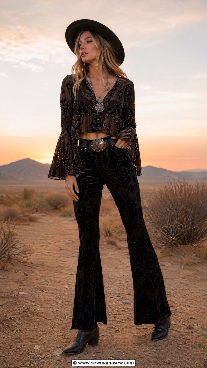 Velvet Burnout Top with High Waisted Flare Pants - 35 cute festival outfits