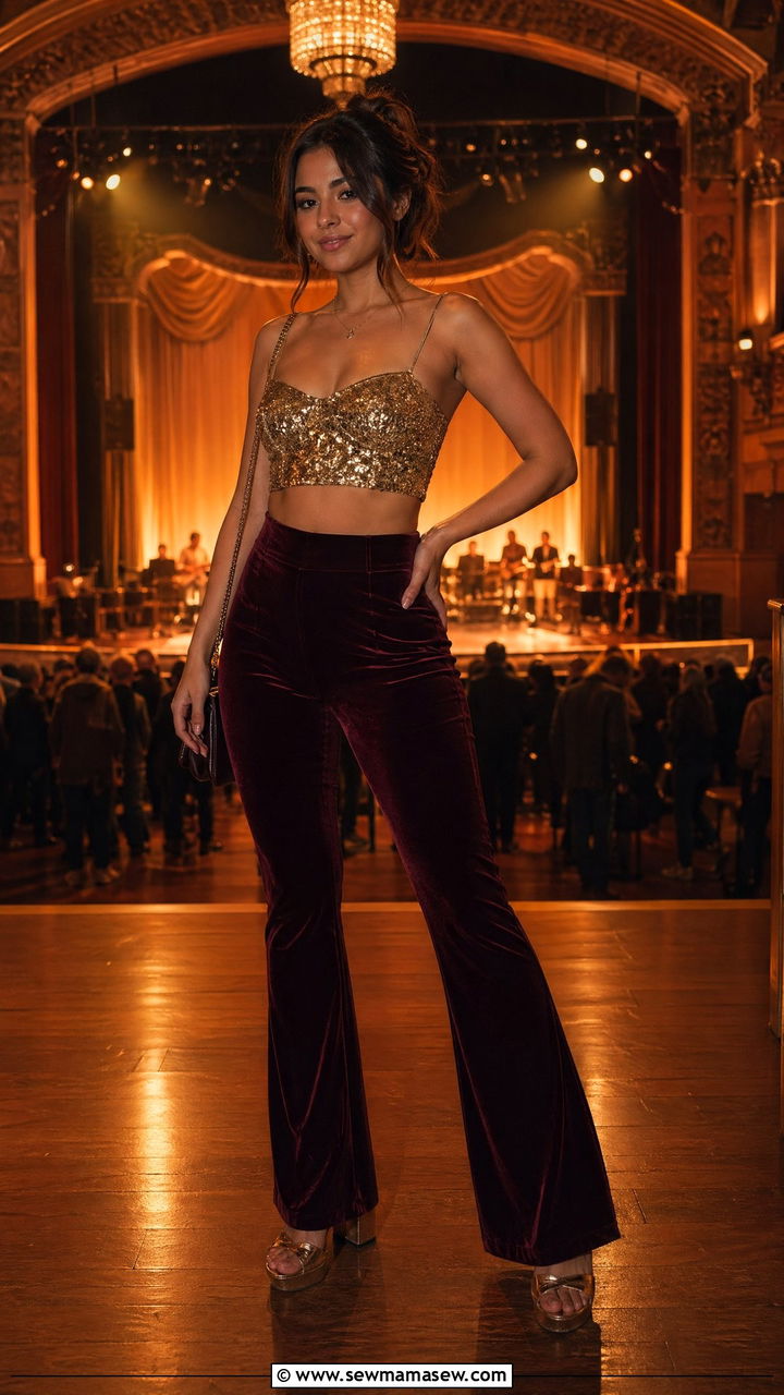 Velvet Flared Pants With A Sequin Crop Top And Block Heels - 35 Concert outfits for petite women
