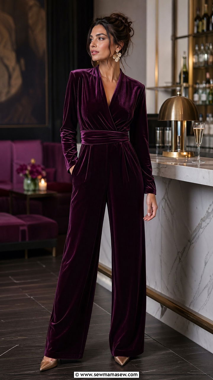 Velvet Jumpsuit With Statement Earrings - 35 what to wear to a birthday