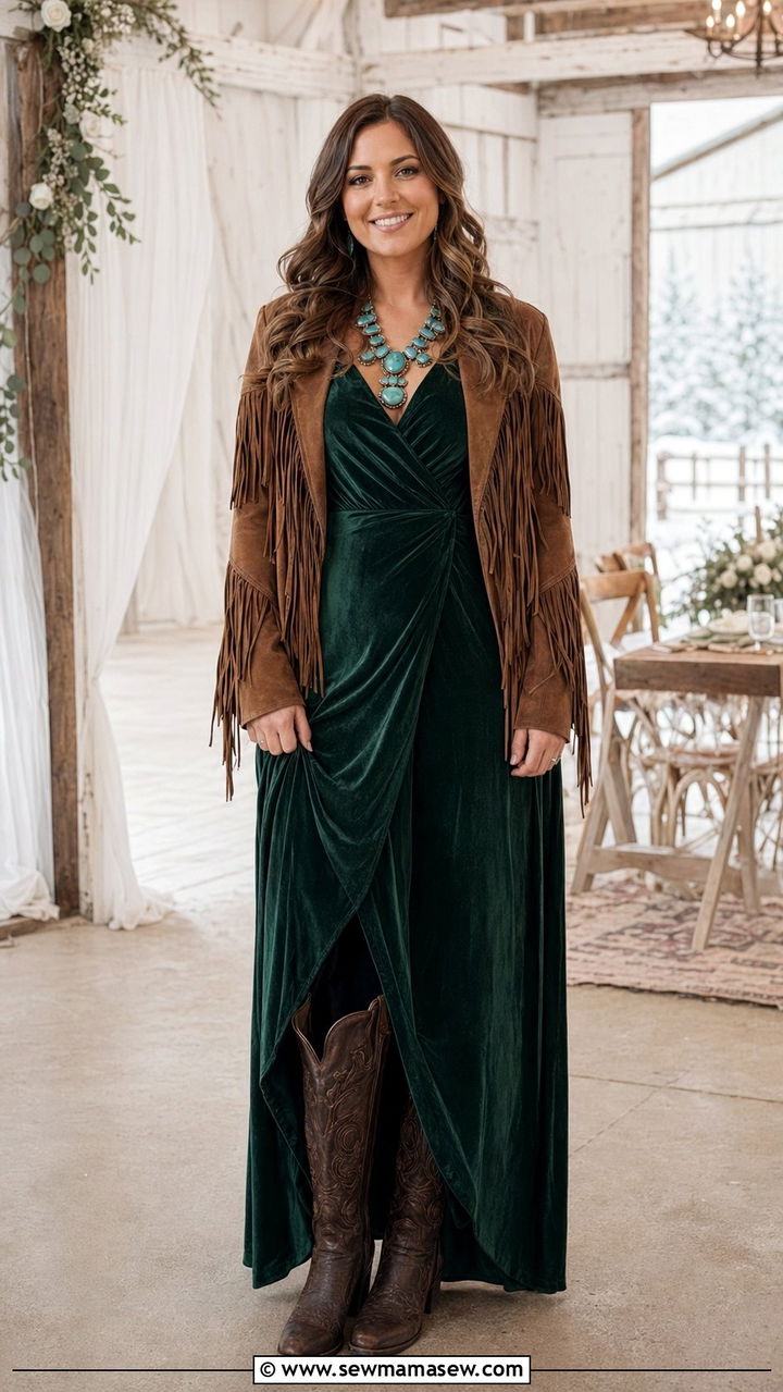 Velvet Long Sleeve Maxi Dress With Fringe Jacket Western Wedding - 30 Western outfit ideas for wedding