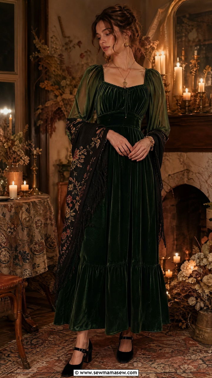 Velvet Maxi Dress With Embroidered Shawl - 35 cottagecore outfits for women