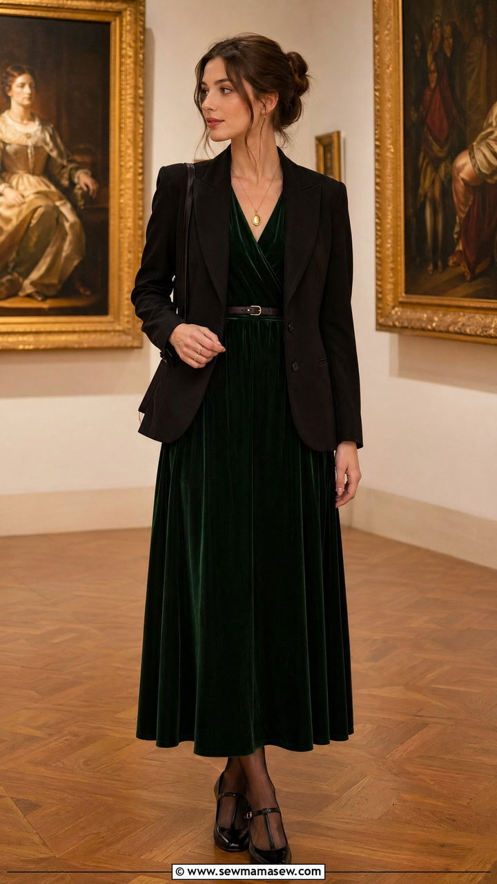 Velvet Maxi Dress and Fitted Blazer with Mary Jane Heels - 35 dark academia outfits