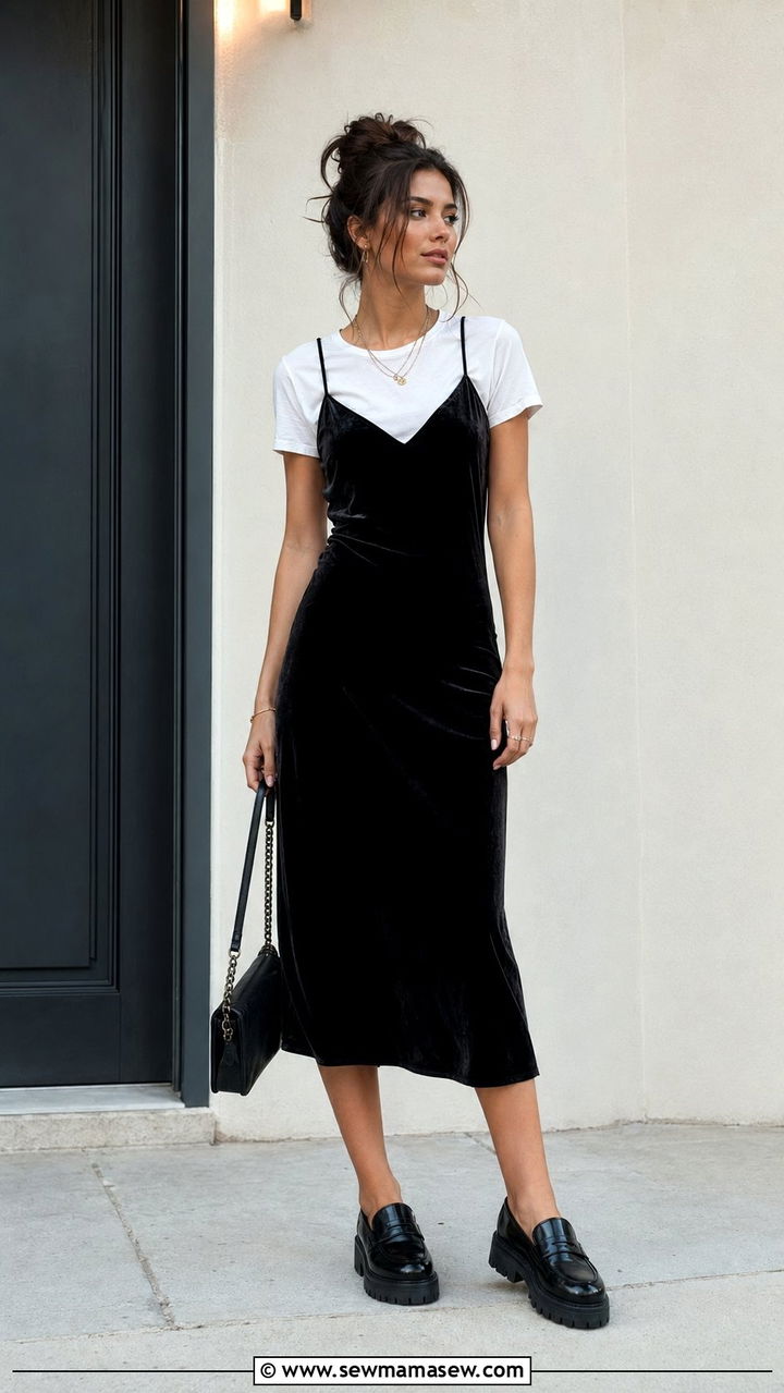 Velvet Midi Dress with Chunky Loafers - 30 90s outfit ideas 2026
