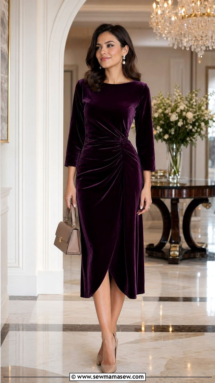 Velvet Midi Dress with Closed Toe Pumps - 30 Wedding guest outfits for rainy weather