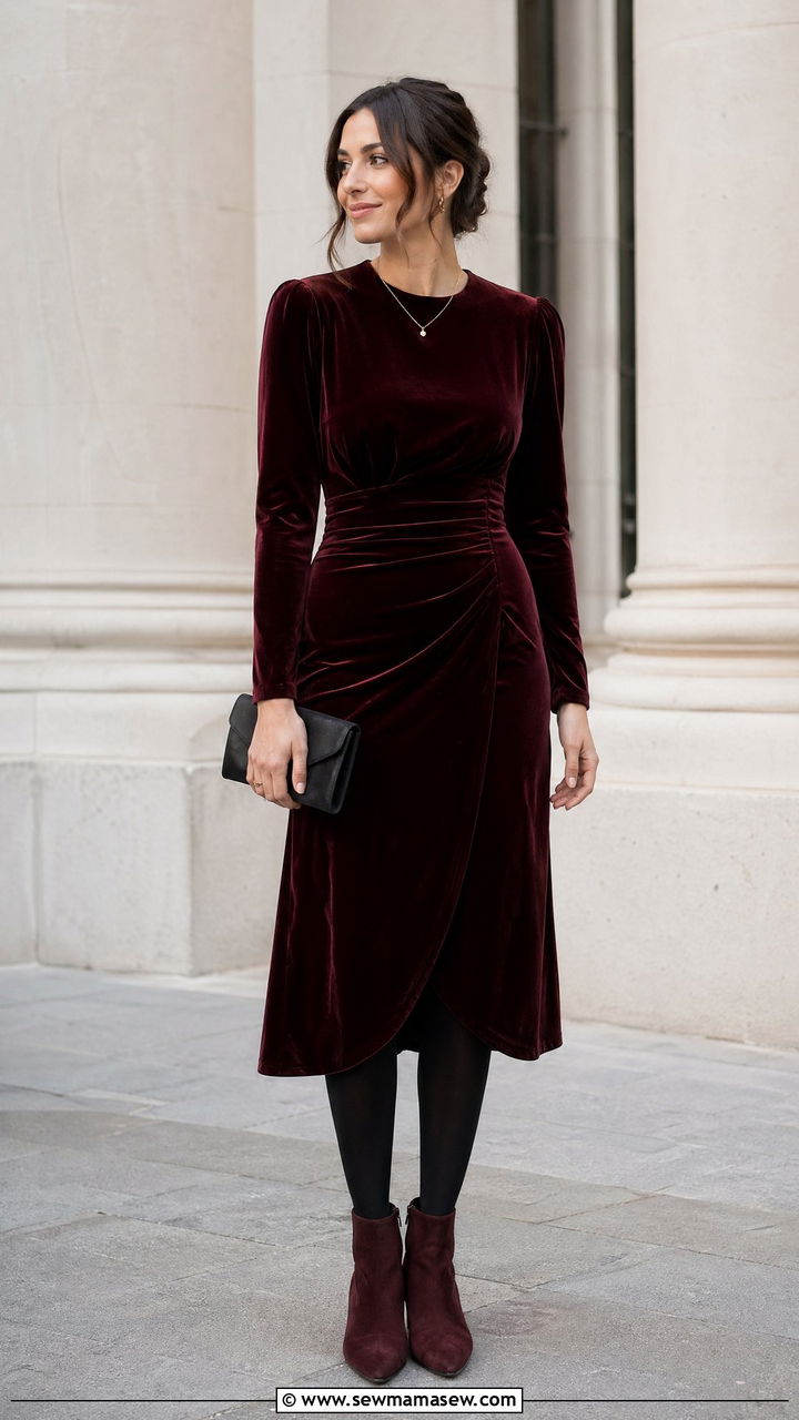 Velvet Midi Dress with Opaque Tights - 35 Courthouse wedding guest outfits