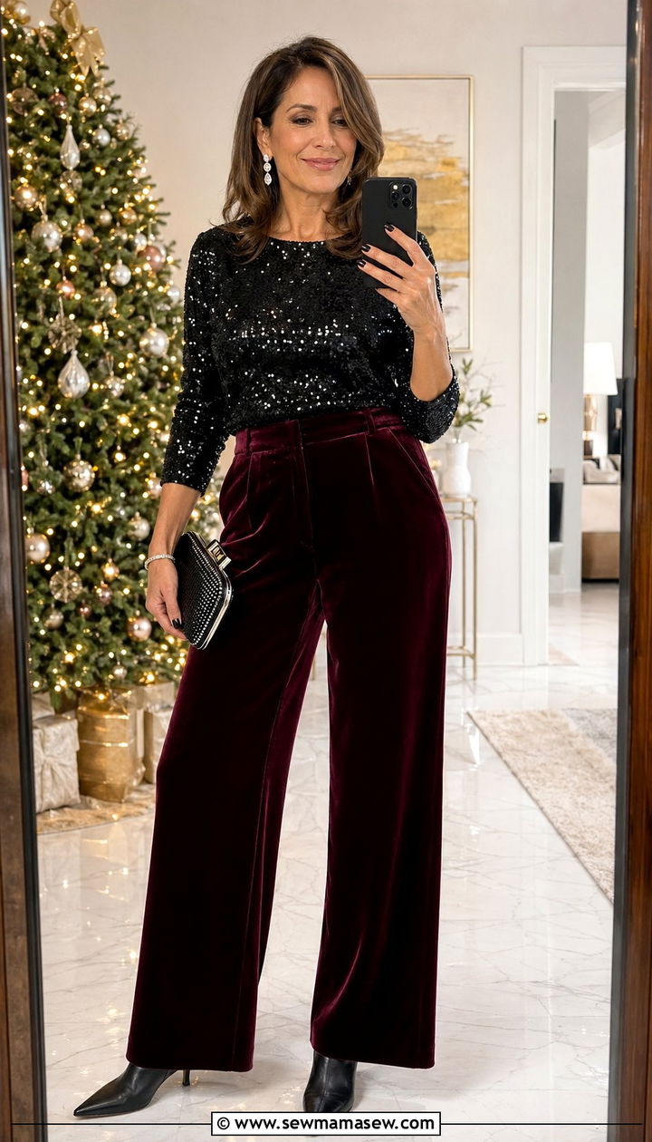 Velvet Wide Leg Pants With Sequin Top and Pointed Toe Boots - 30 wide leg pants outfits for women over 40