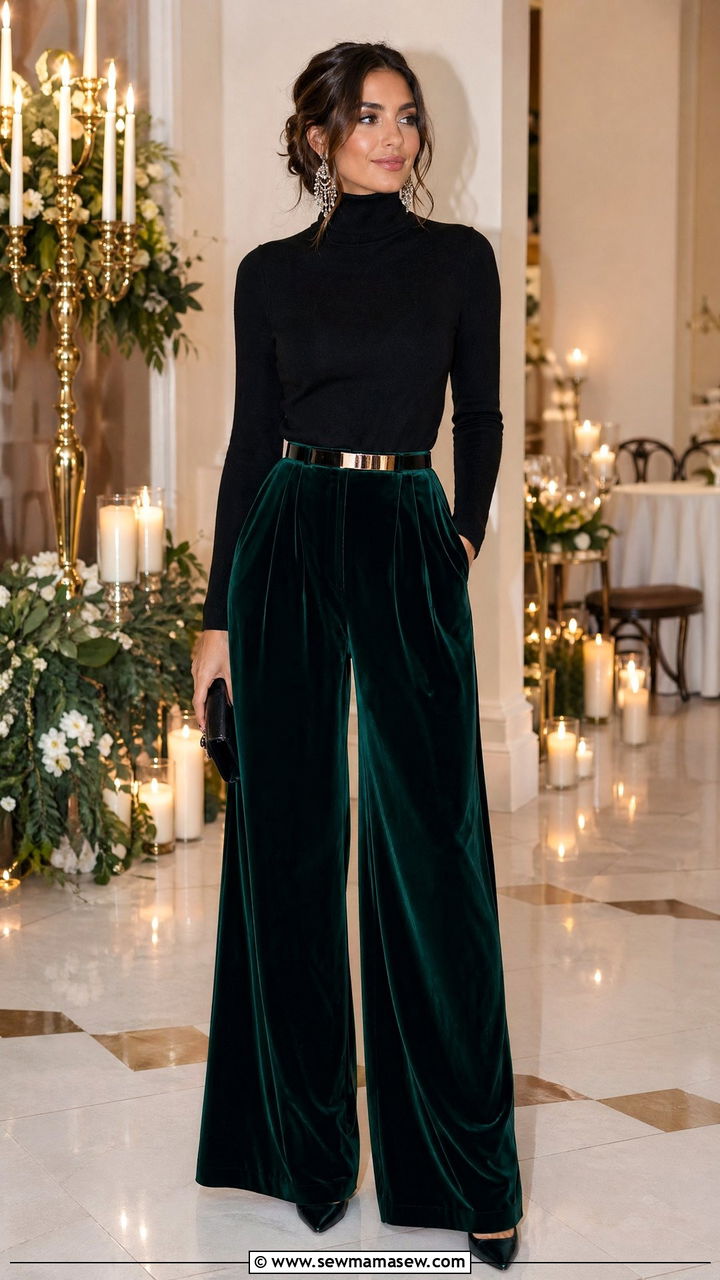 Velvet Wide Leg Pants and Turtleneck for Winter Wedding - 35 Wedding guest wide leg pants outfit ideas