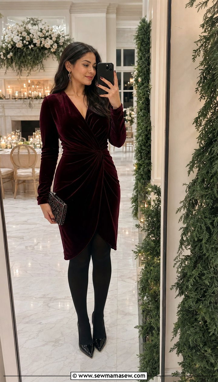 Velvet Wrap Dress Winter Wedding Guest Outfit - 30 wedding guest outfits 2026