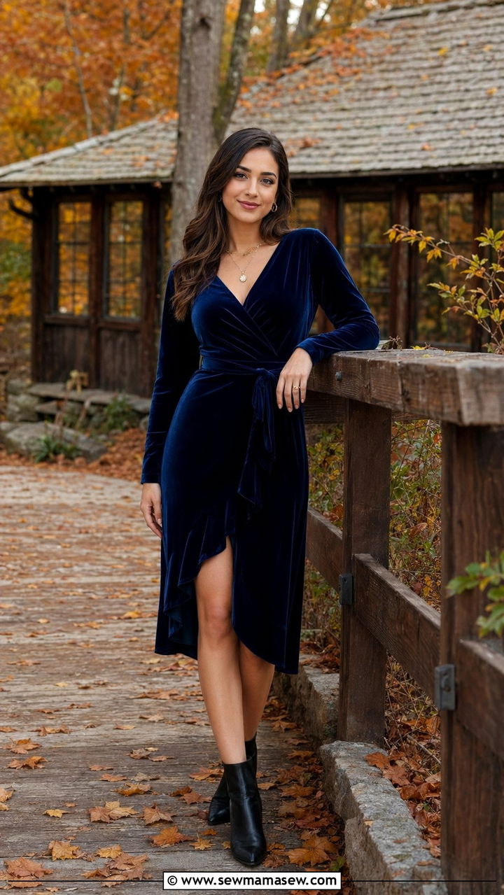 Velvet Wrap Dress With Ankle Boots Outfit - 30 Birthday photo outfit ideas
