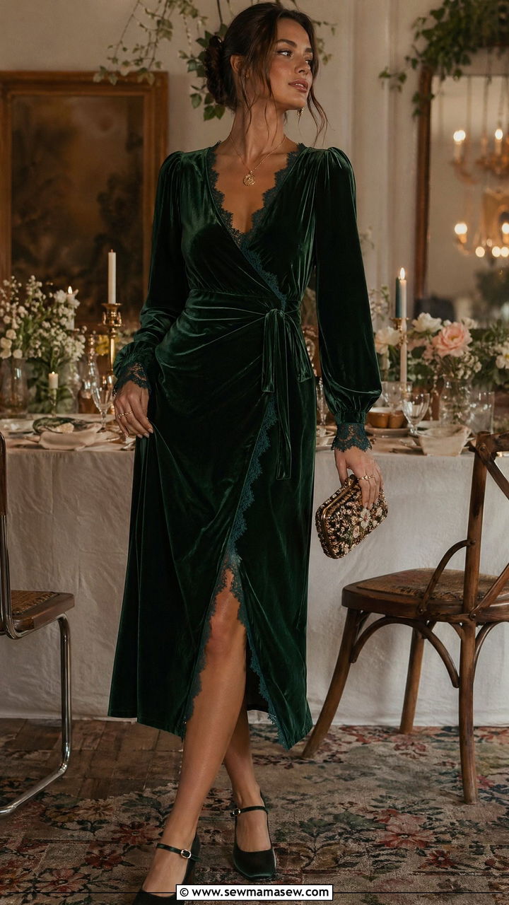 Velvet Wrap Dress With Lace Details And Heeled Mary Janes - 35 Cottagecore outfit ideas
