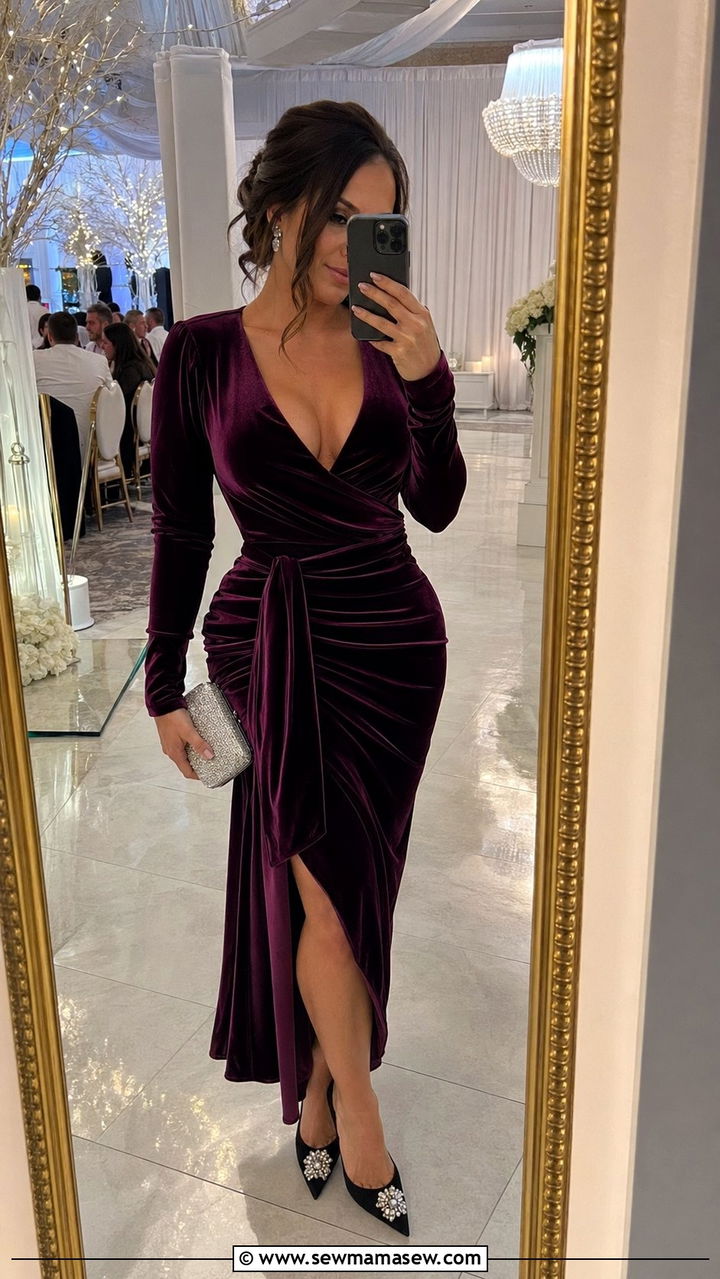 Velvet Wrap Dress with Embellished Heels - 30 wedding guest outfits for hourglass body