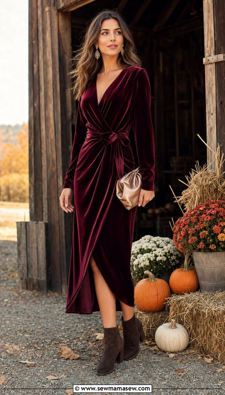Velvet Wrap Dress with Heeled Booties - 30 Barn wedding guest outfits