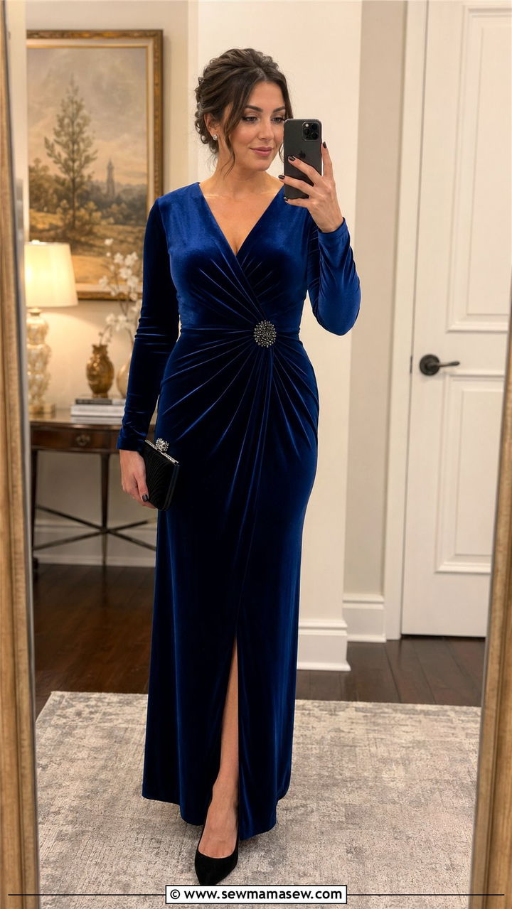 Velvet Wrap Gown With Crystal Brooch - 30 Black tie event outfit ideas