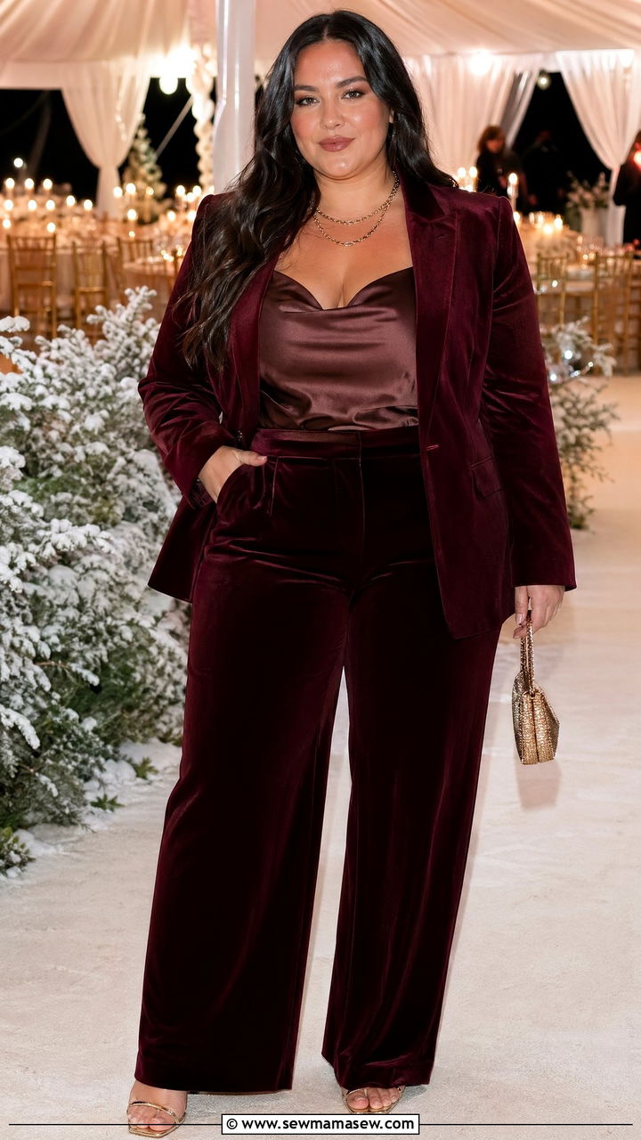 Velvet blazer and wide leg trousers with satin cami - 35 Wedding guest outfits for curvy women
