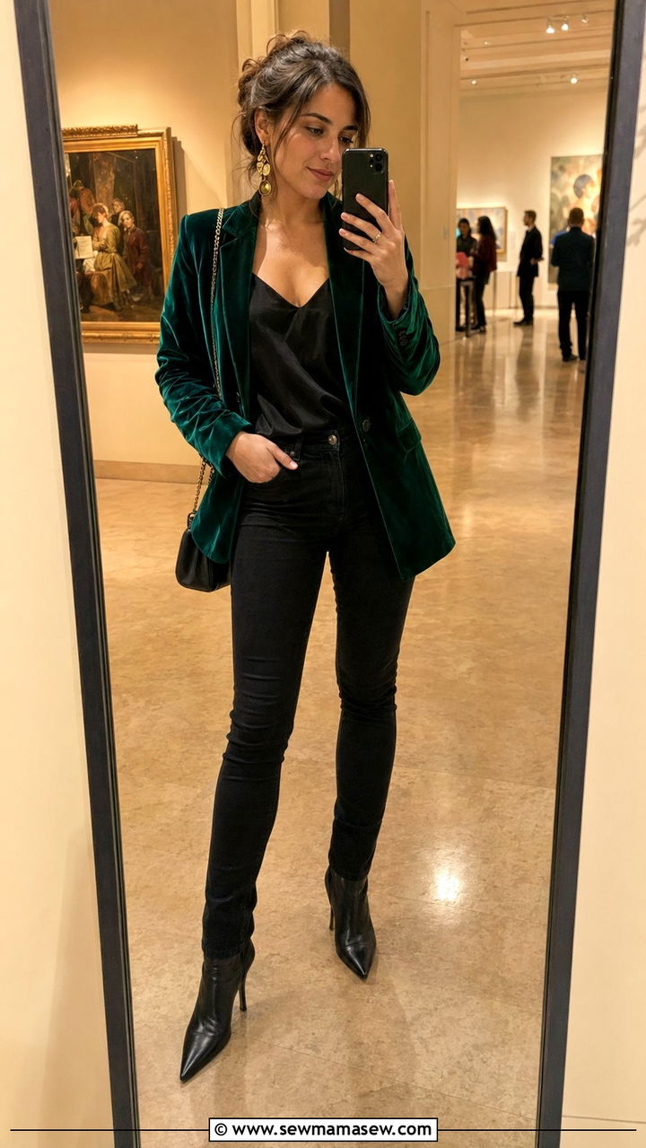 Velvet blazer with black jeans museum outfit - 35 museum outfit ideas