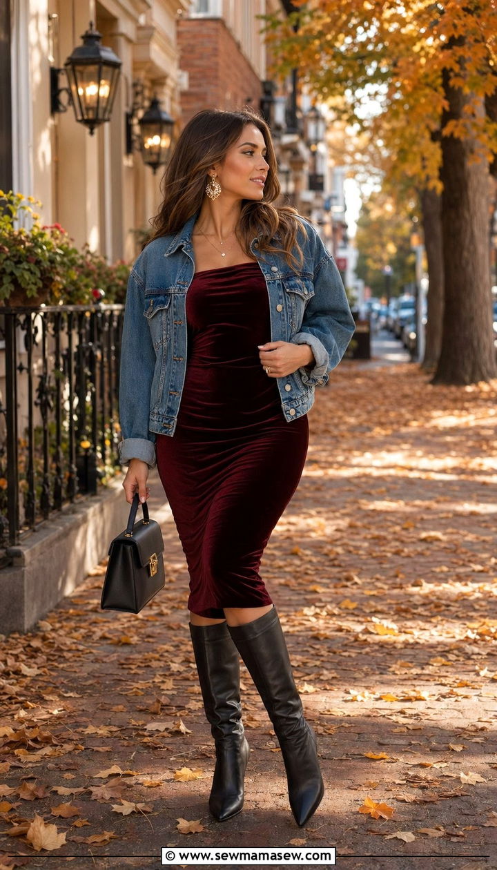 Velvet bodycon dress with denim jacket and boots - 30 Bodycon dress outfit ideas with a denim jacket