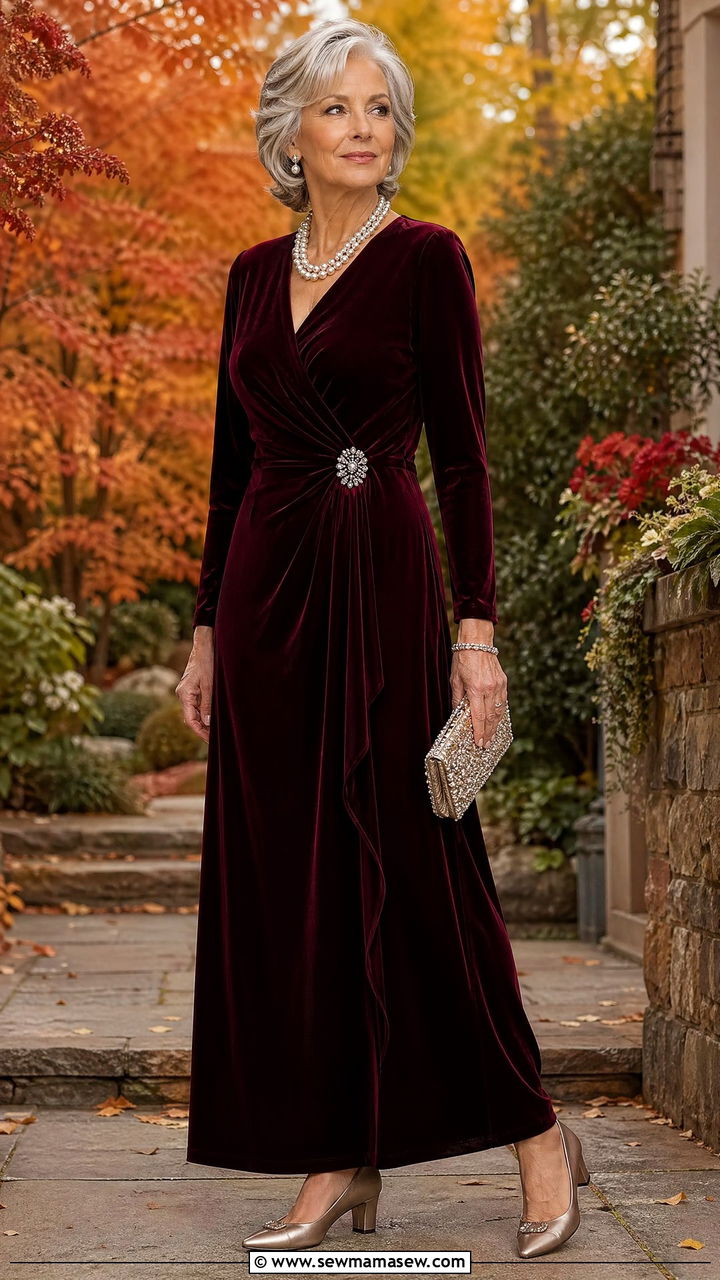 Velvet maxi dress for fall wedding guest over 60 - 35 Wedding guest outfits for women over 60