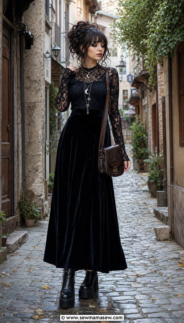 Velvet maxi skirt with lace top and platform boots - 30 Whimsigoth outfit ideas