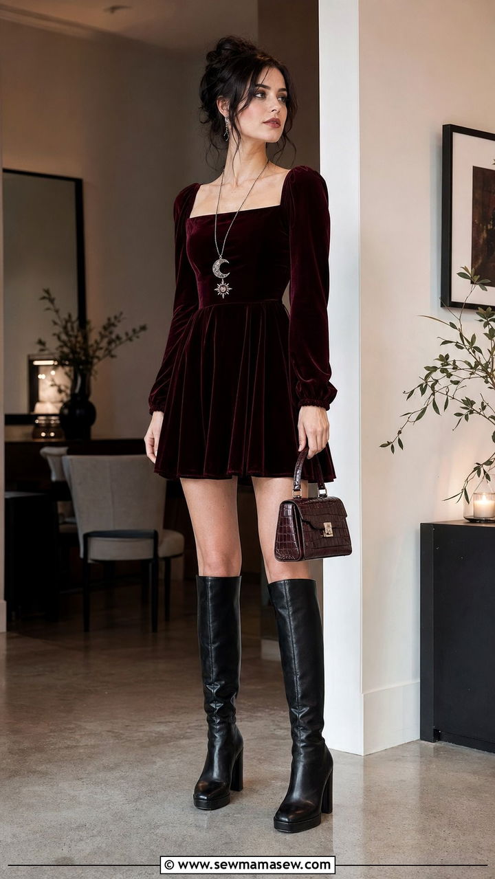 Velvet mini dress with knee high boots and pendant necklace - 30 Whimsigoth outfit ideas