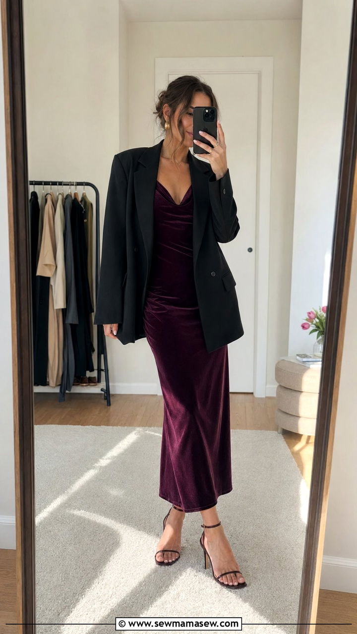 Velvet slip dress and oversized black blazer - 35 Moody spring outfit ideas