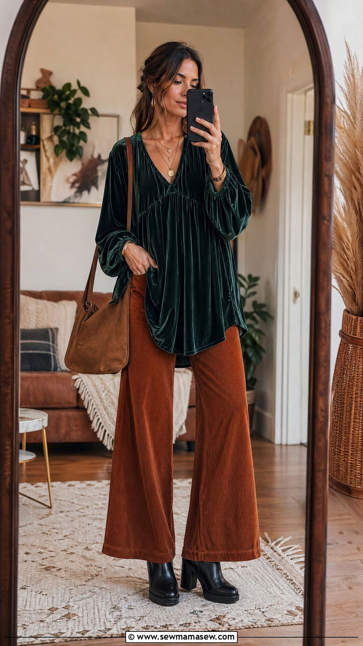 Velvet tunic with corduroy pants - 35 transitional boho outfit ideas